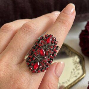 Statement Ring Red Crystal Marquise Rhinestone Black Metal Gothic Filigree 7.5